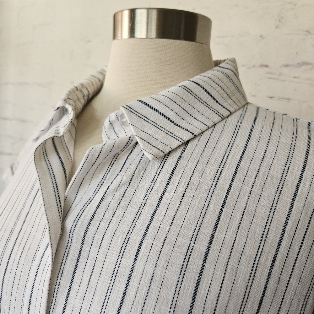 NWOT Ann Taylor Factory Button Front Cotton White Blue Stripe Shirtdress Large - Picture 5 of 11